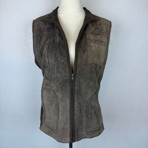 Chicos 100% Suede Leather & Knit Vest Brown Zip Front Pockets Women's Size 2